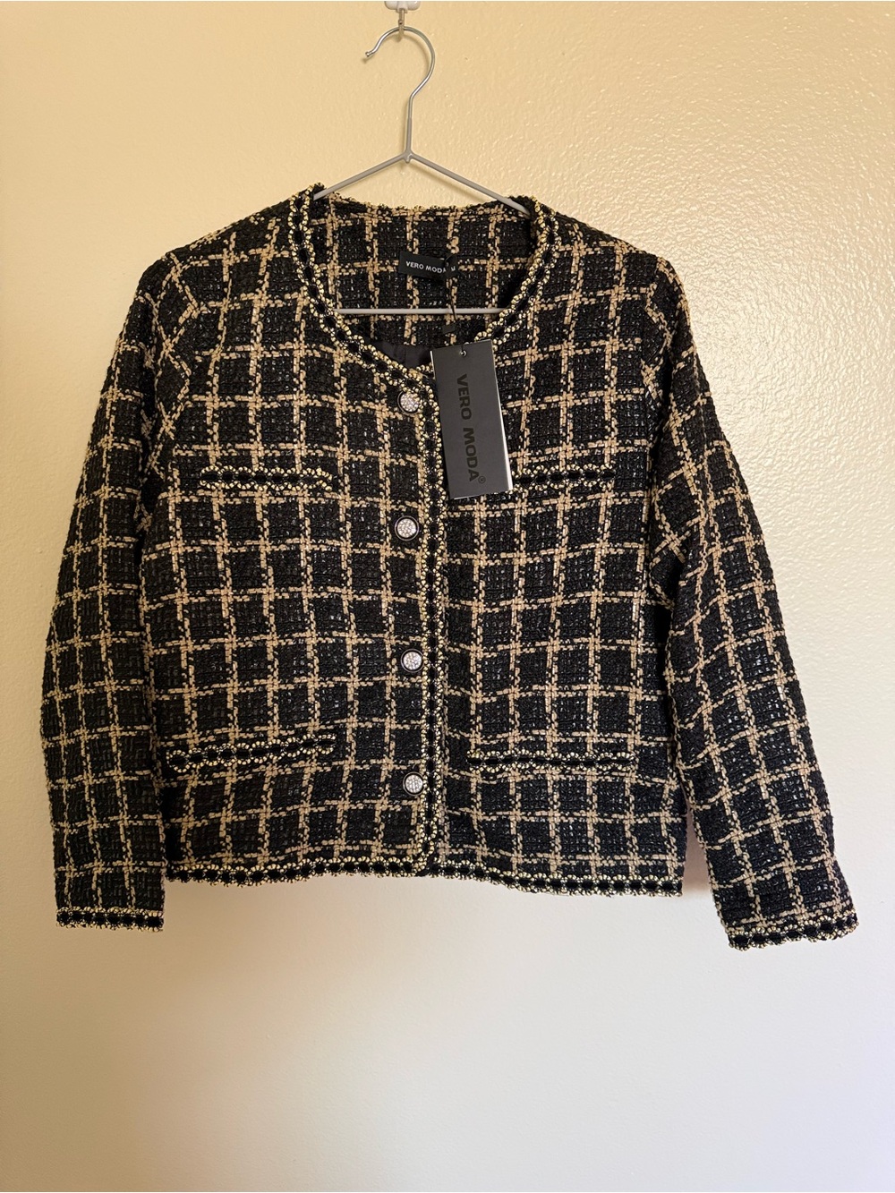 Vero Moda Black & Gold Tweed Cropped Blazer